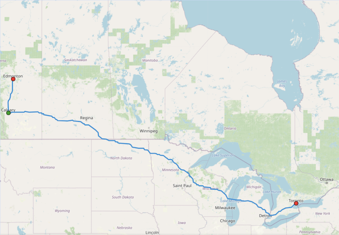 Map of moves from Edmonton to Calgary to Toronto